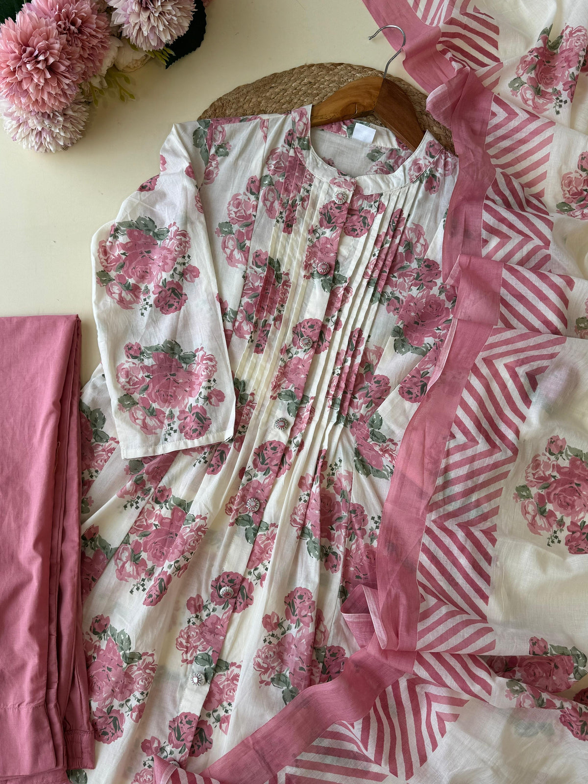 Pure cotton floral pleated Anarakali suit