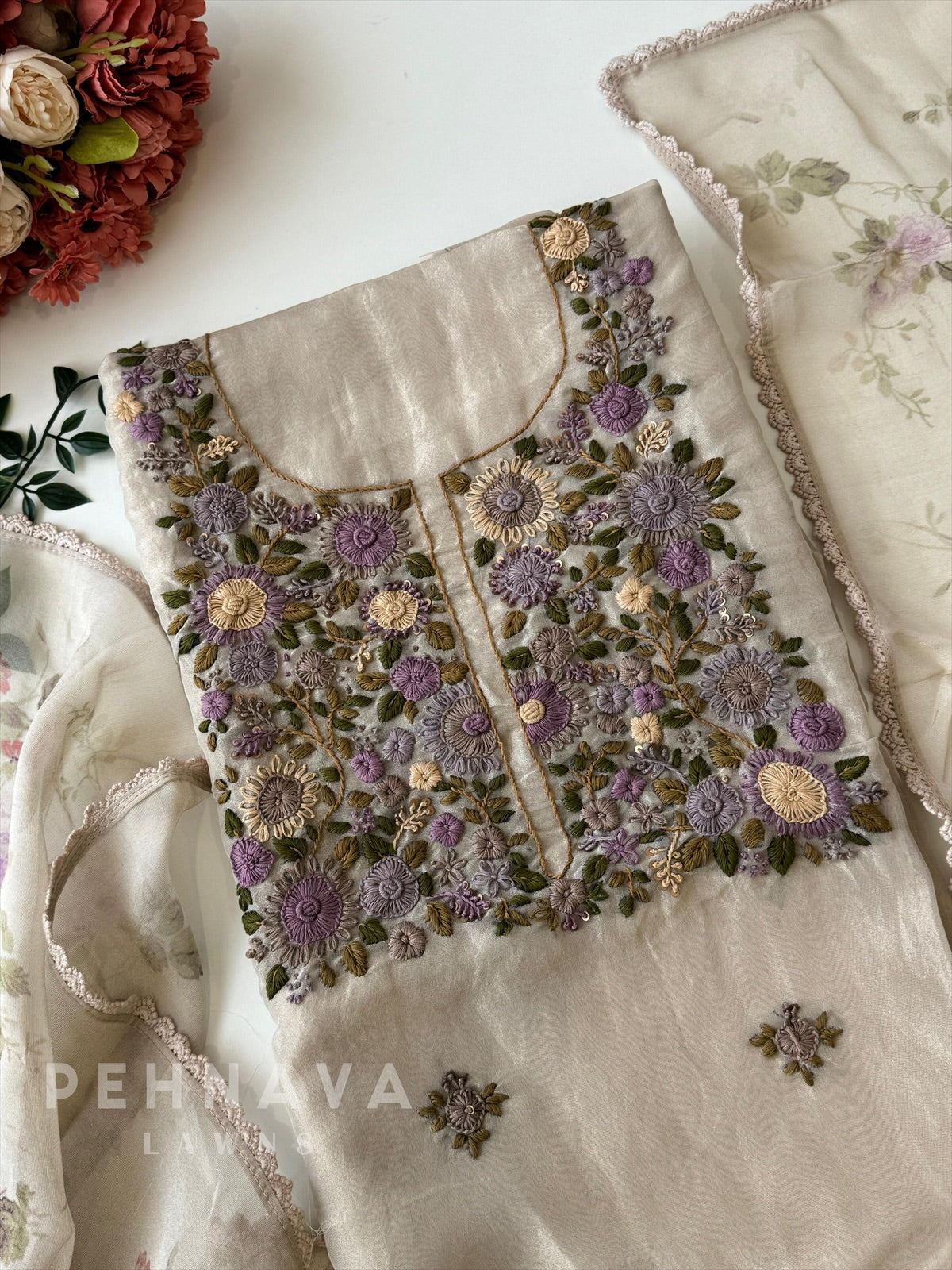Premium Crushed Tissue Embroidered Unstitched Suit No.2 - Pehnava Lawns
