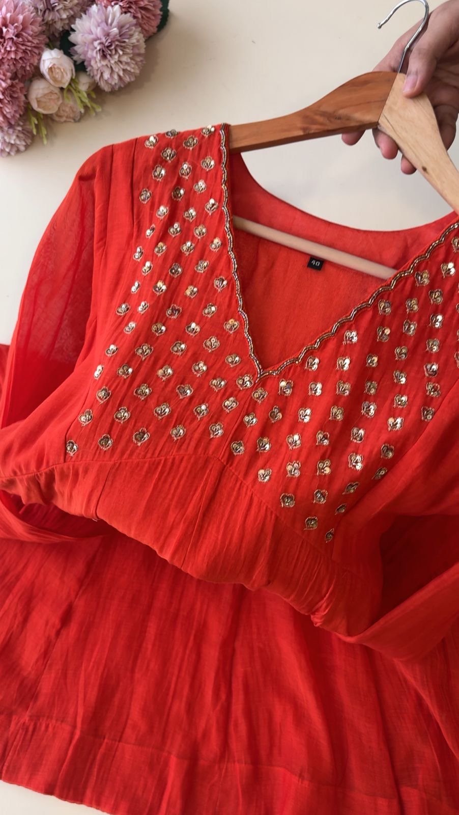 Premium Mul Chandheri A-line suit with neck detailings