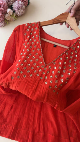 Premium Mul Chandheri A-line suit with neck detailings