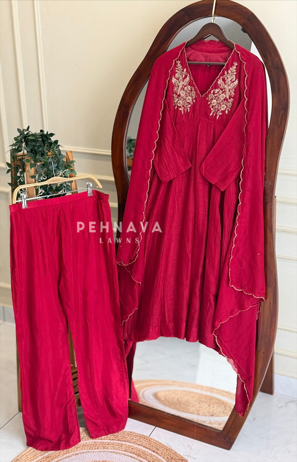 Yoke Embroidered V-Neck Chanderi Suit Set