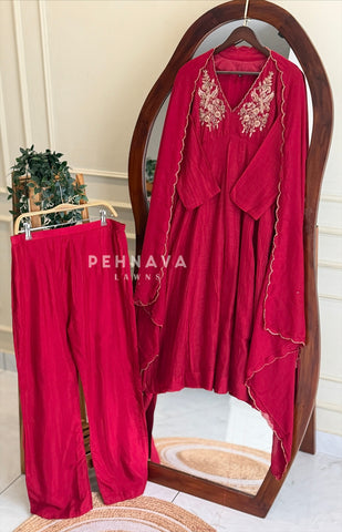 Yoke Embroidered V-Neck Chanderi Suit Set
