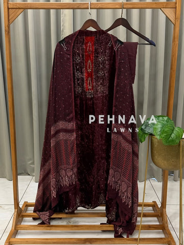 Velvet Ajrakh Printed Unstitched Suit