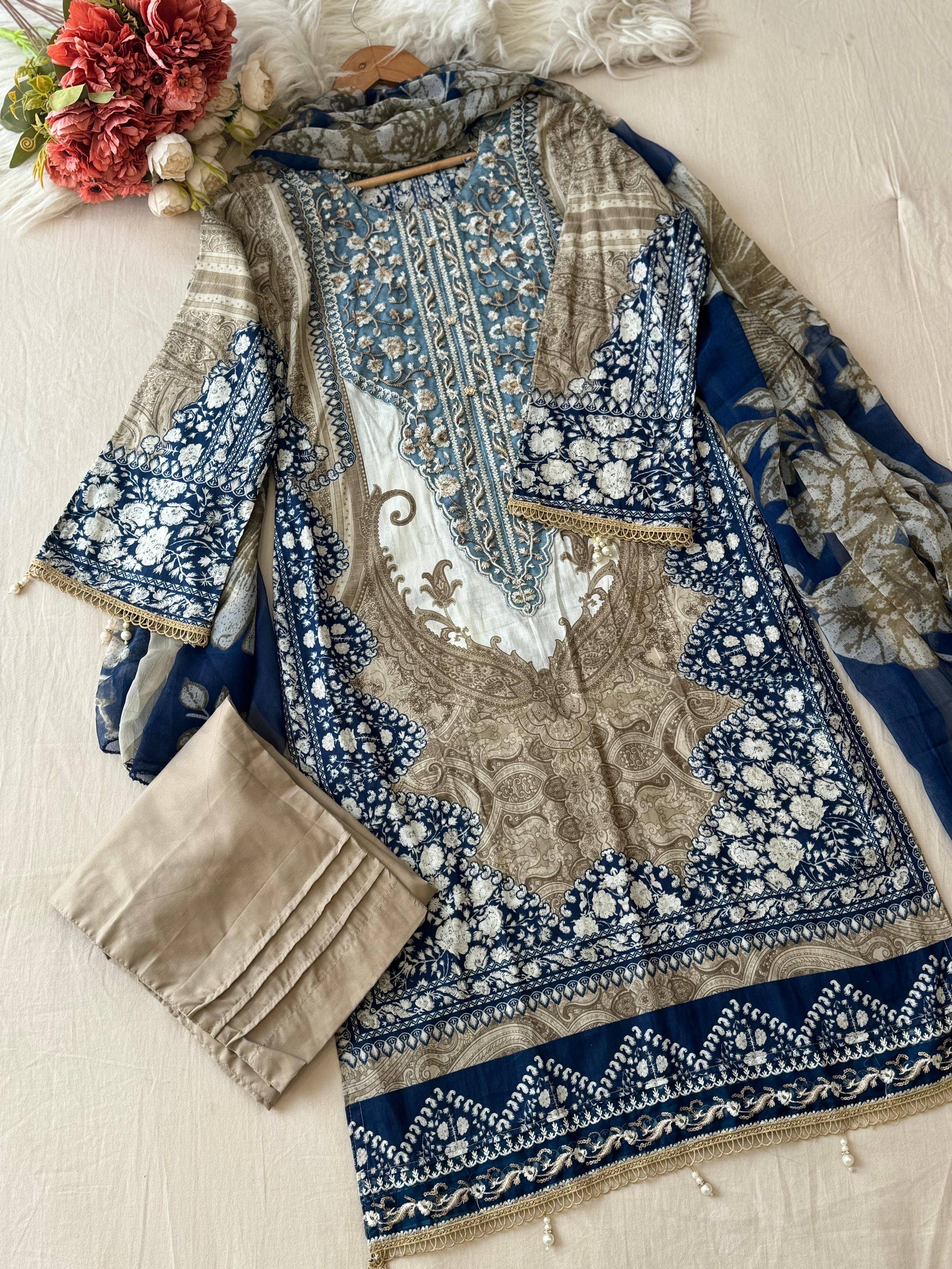 Blue&White Printed Pakistani Cotton Suit-1362