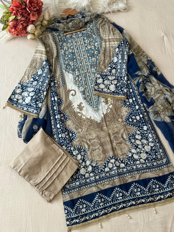 Blue&White Printed Pakistani Cotton Suit-1362