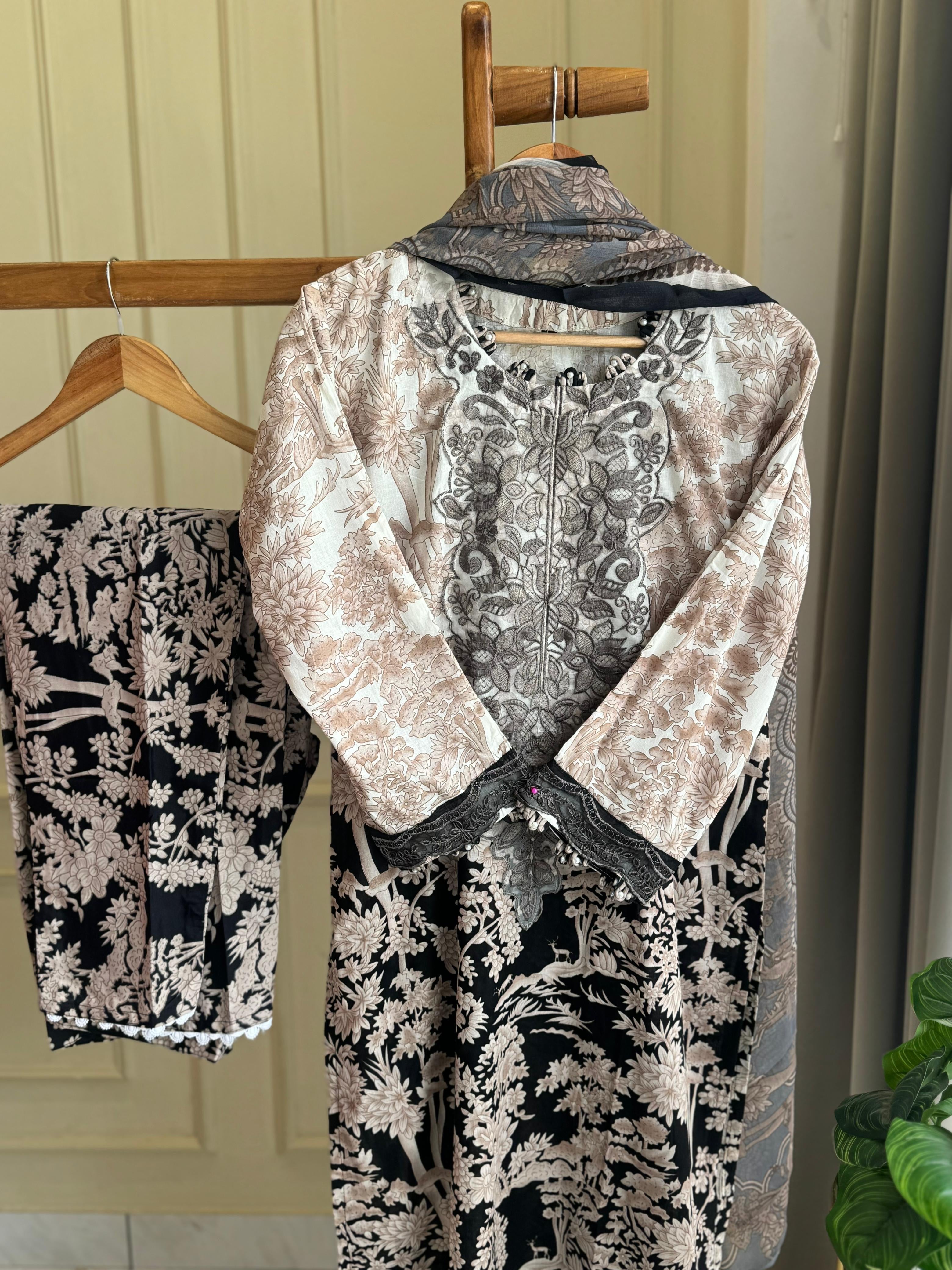 Beige Vibrant Floral Suit-2004