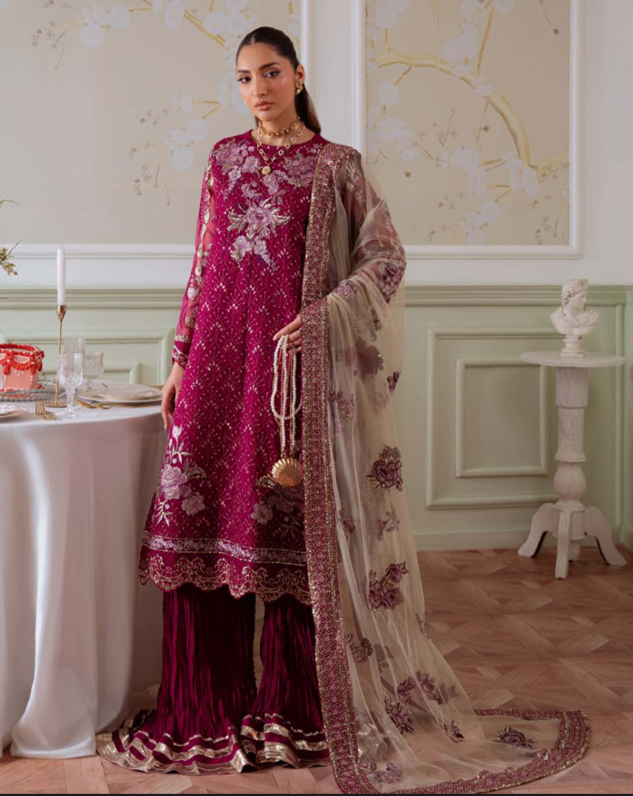 Maroon Embroidered Sharara Suit