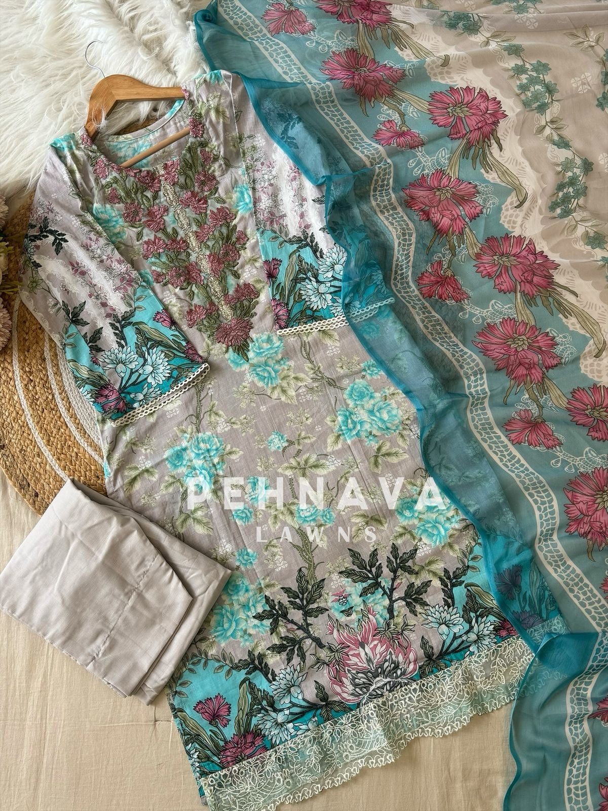 Pakistani printed cotton suit with embroidered patches -9088