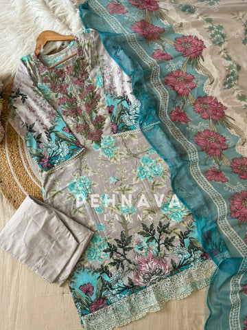 Pakistani printed cotton suit with embroidered patches -9088
