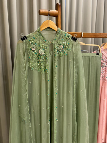 Premium Chiffon handworked jacket  with scalloped organza dupatta