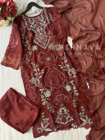Embroidered Chiffon Suit Set-5232 F