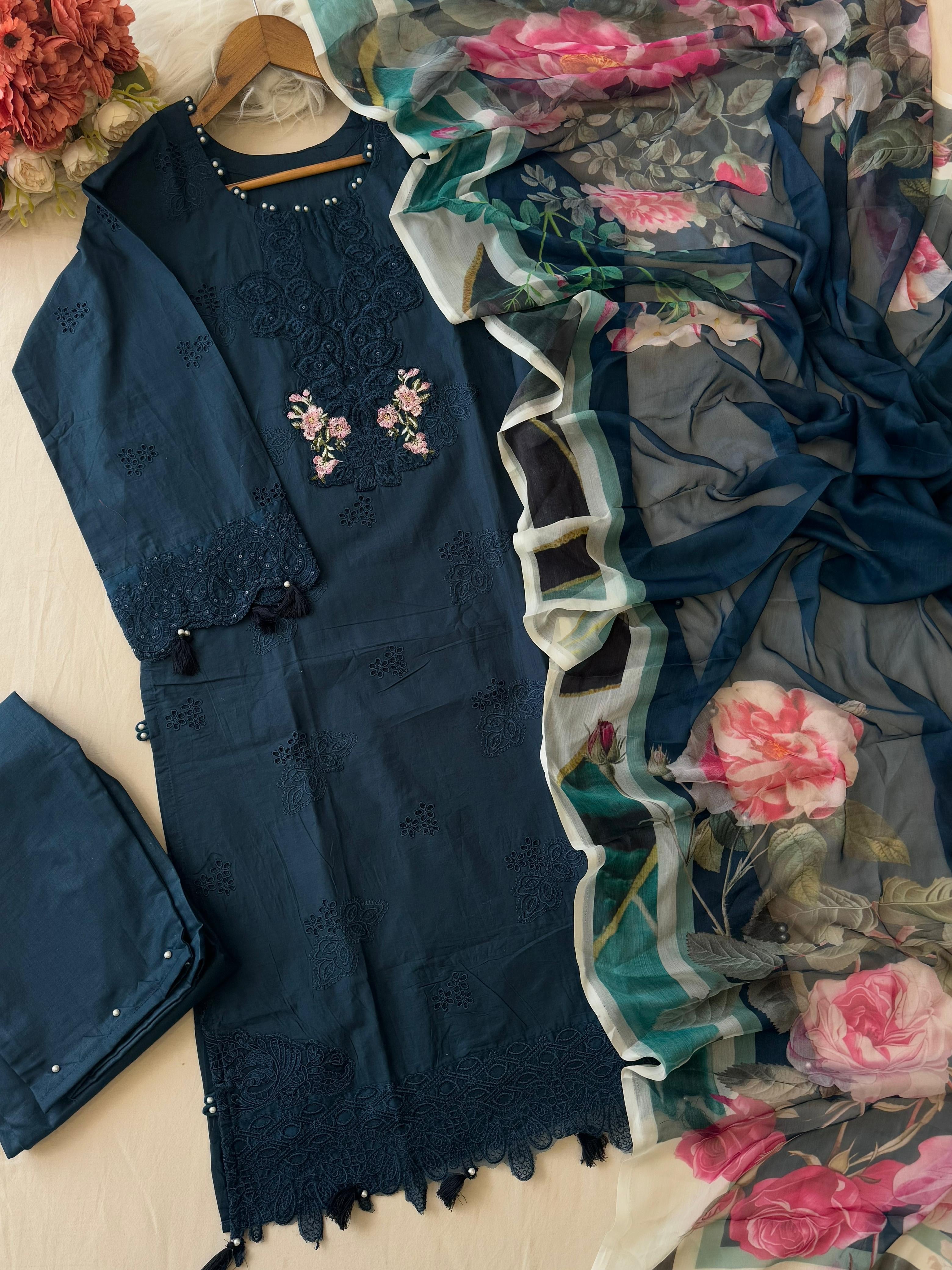 Premium Blue Pak-Suit With Chiffon Dupatta - Pehnava Lawns