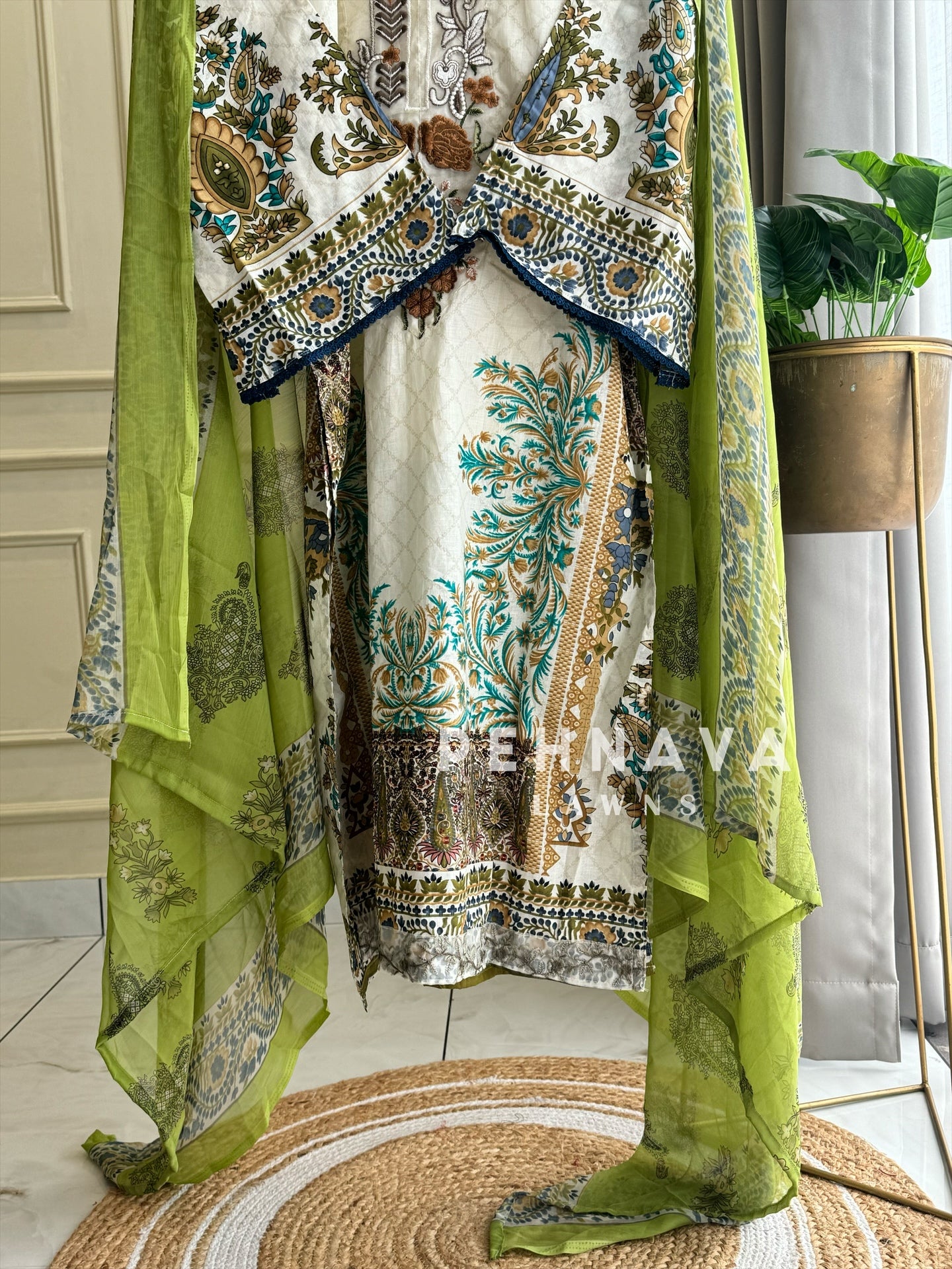 Stunning white and green Embroidered Suit 3803