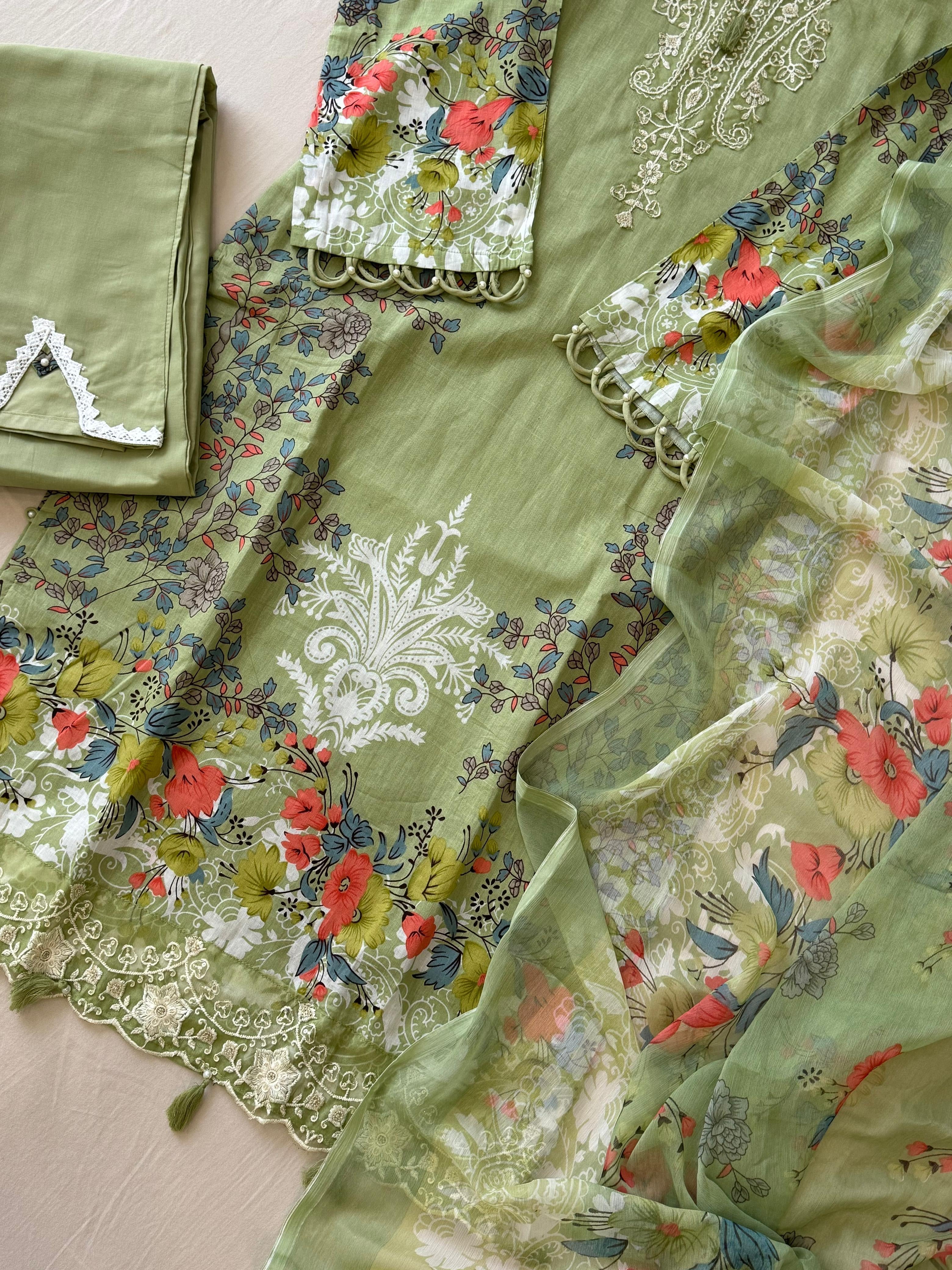 Green Floral Printed Pak-Suit