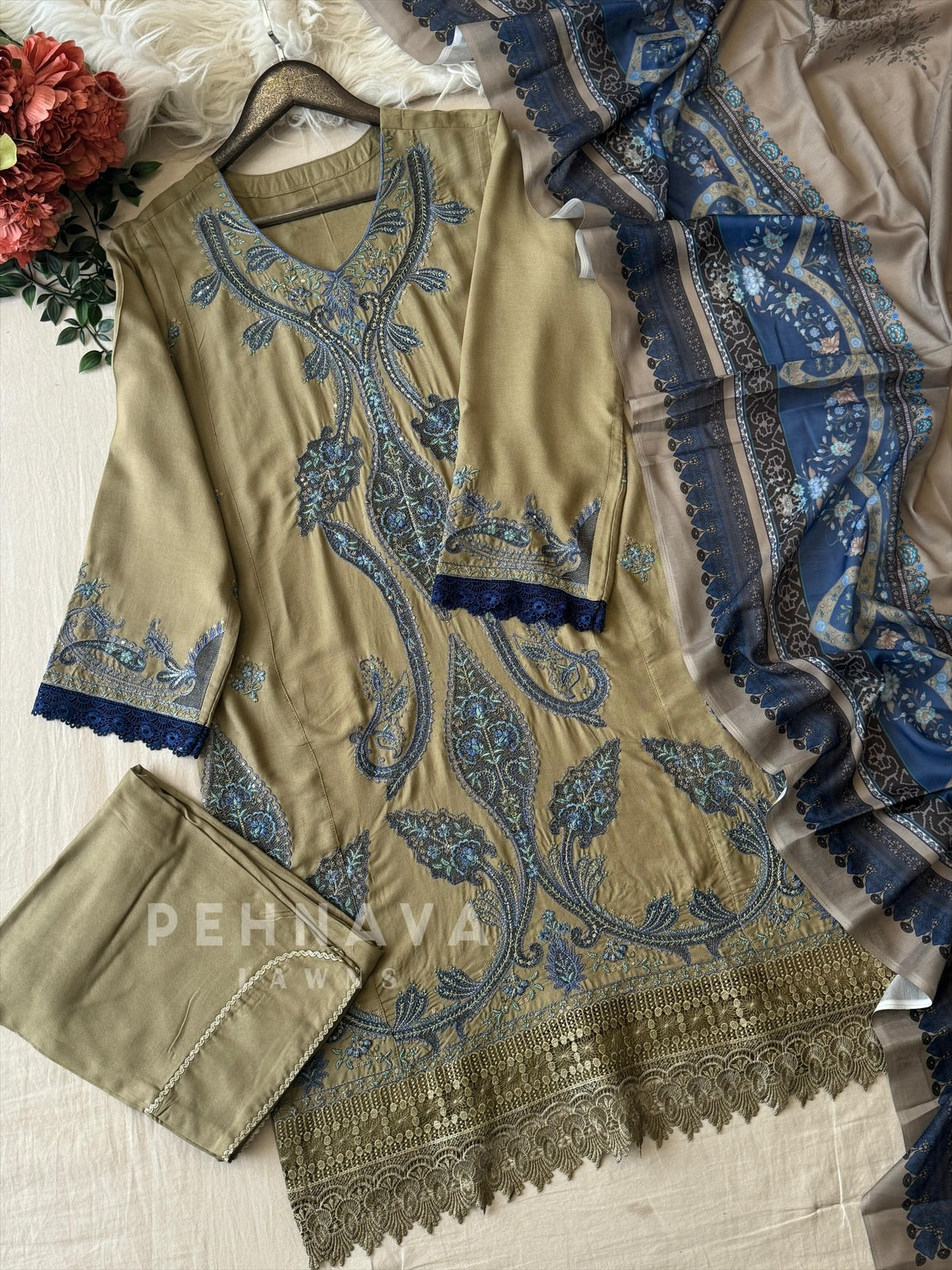 Floral Embroidered Rayon Suit-1125