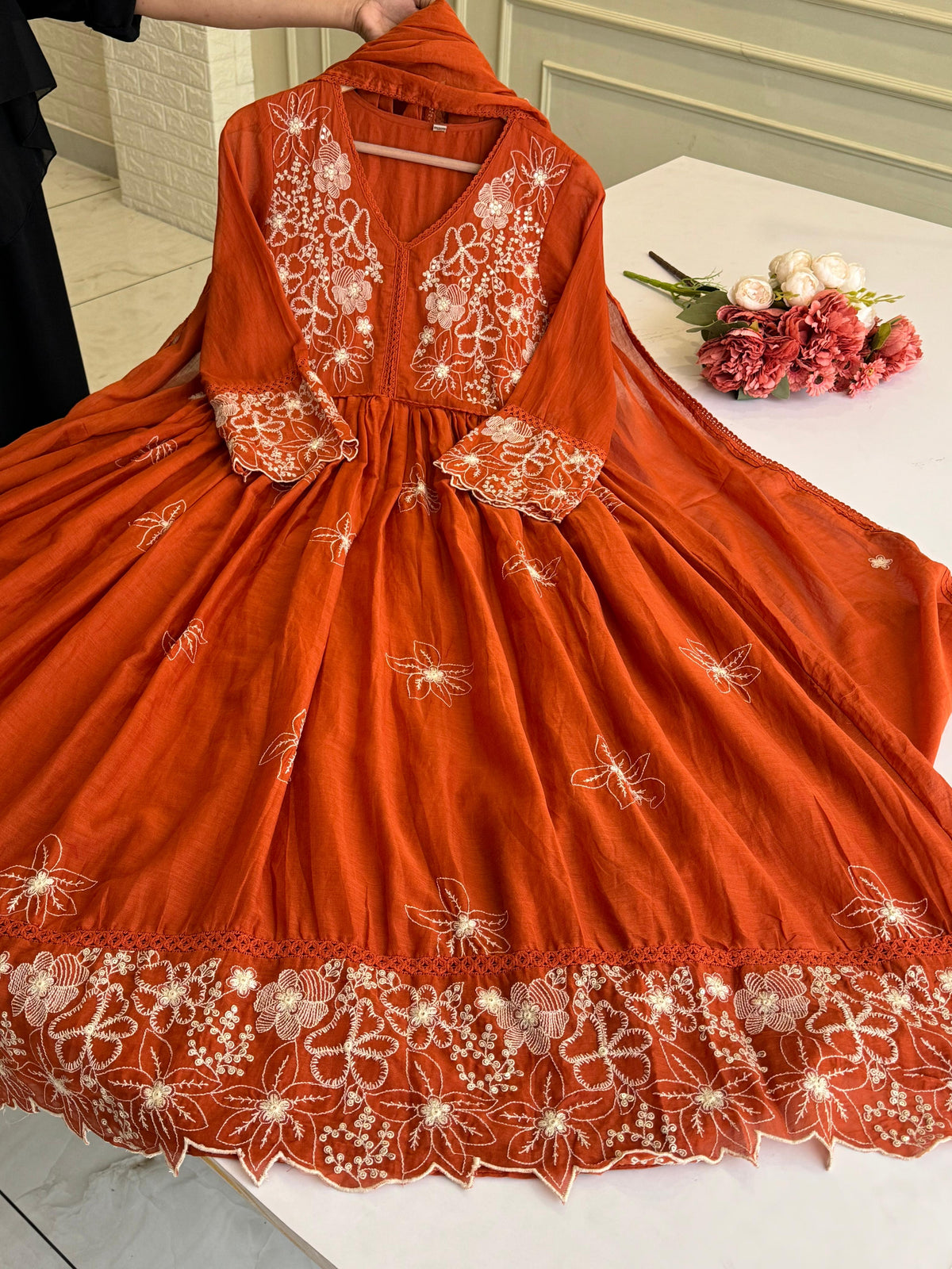 New Pink&Orange Mul-Cotton Premium Anarkali Suit