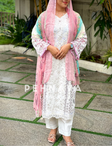 White Suit featuring Embroidery Patches-1296