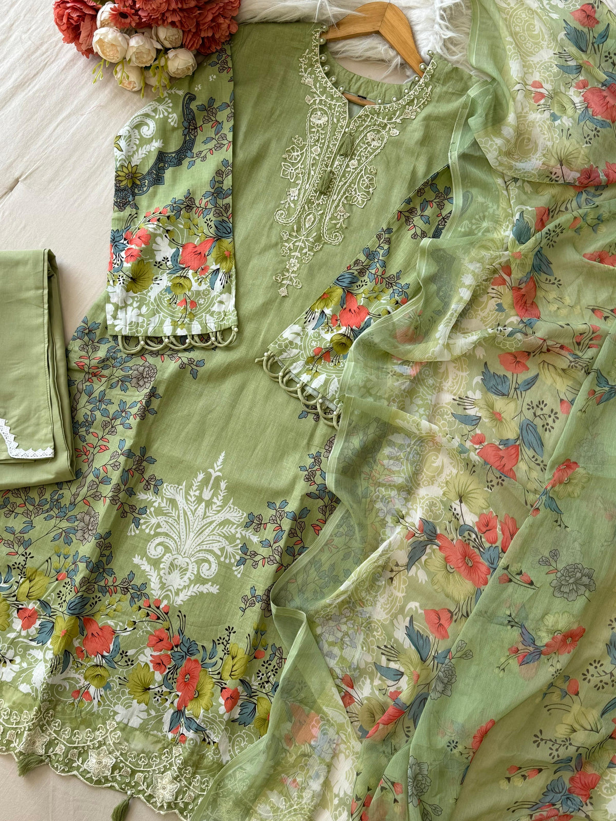 Green Floral Printed Pak-Suit