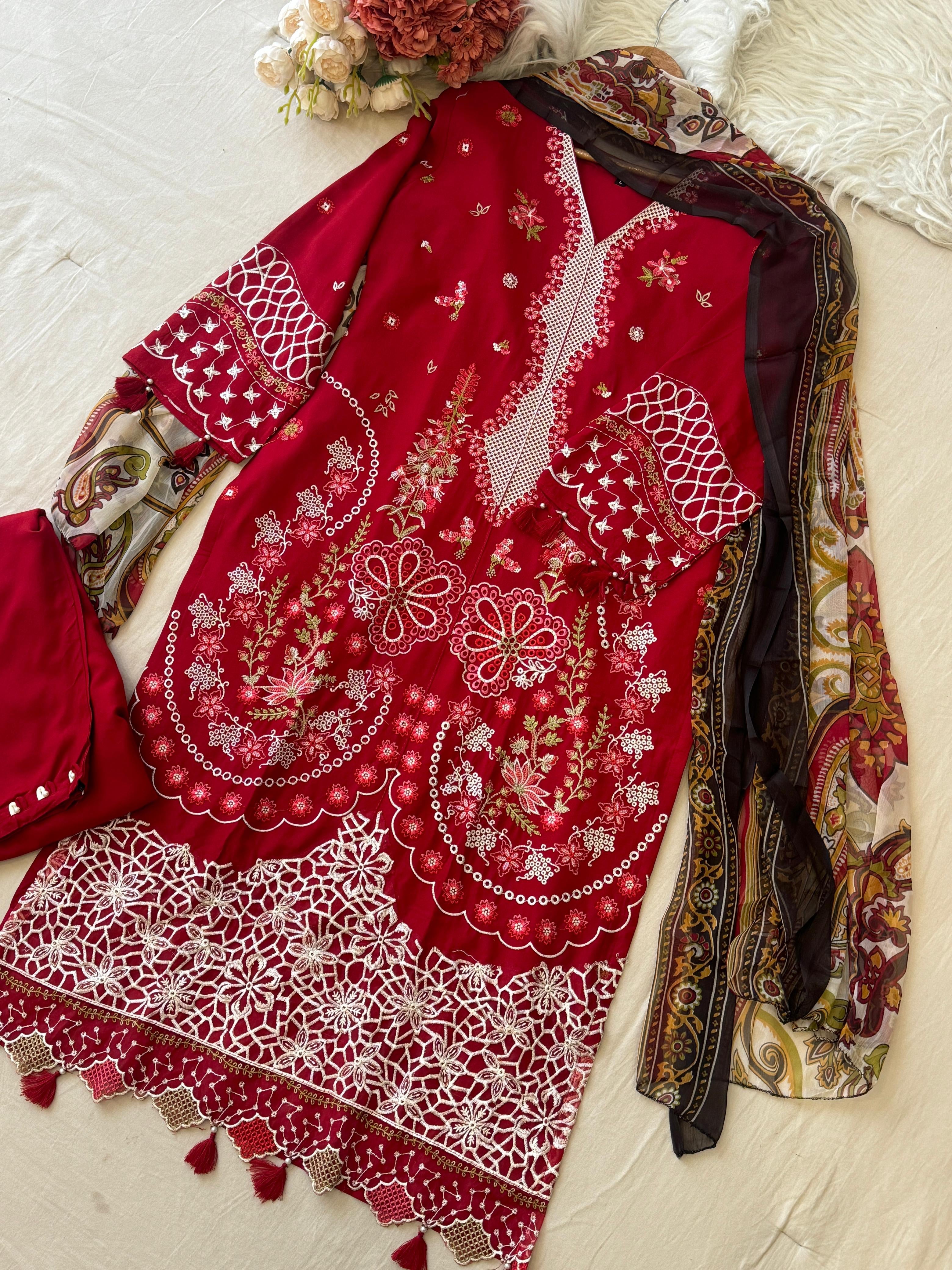 Red Ready to Wear Embroidered Rayon Suit - Pehnava Lawns