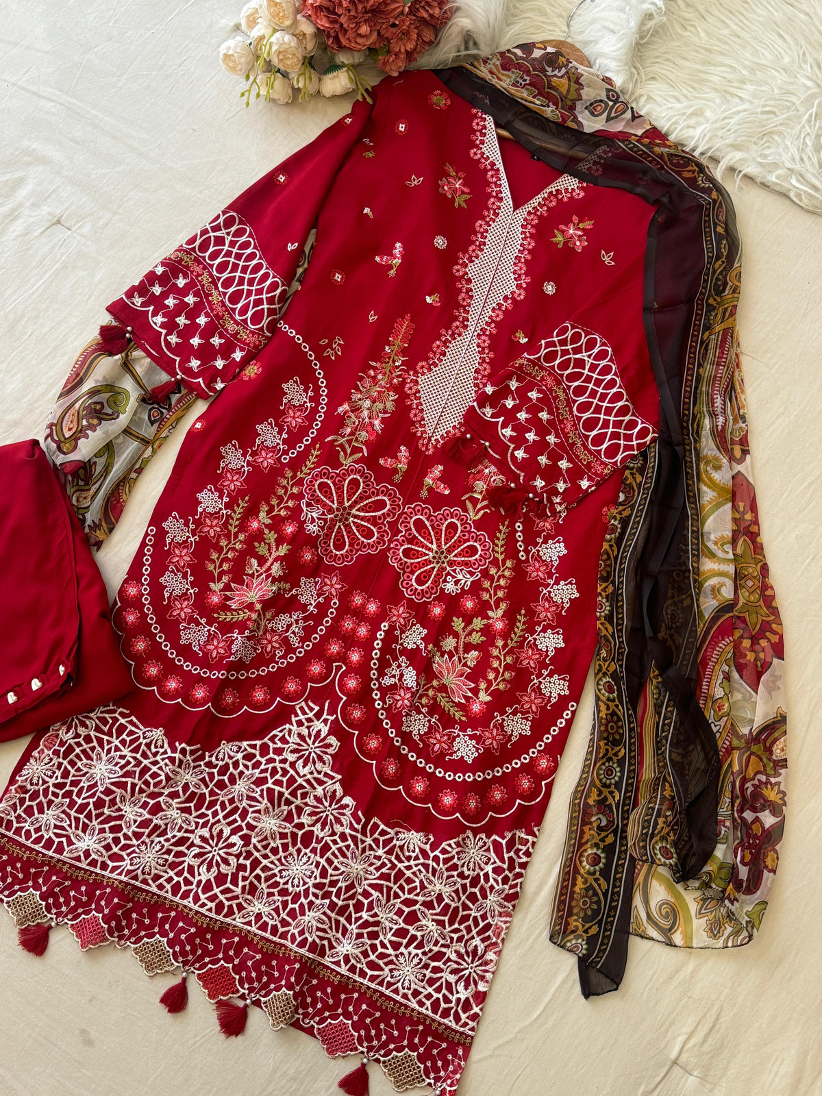 Red Ready to Wear Embroidered Rayon Suit - Pehnava Lawns