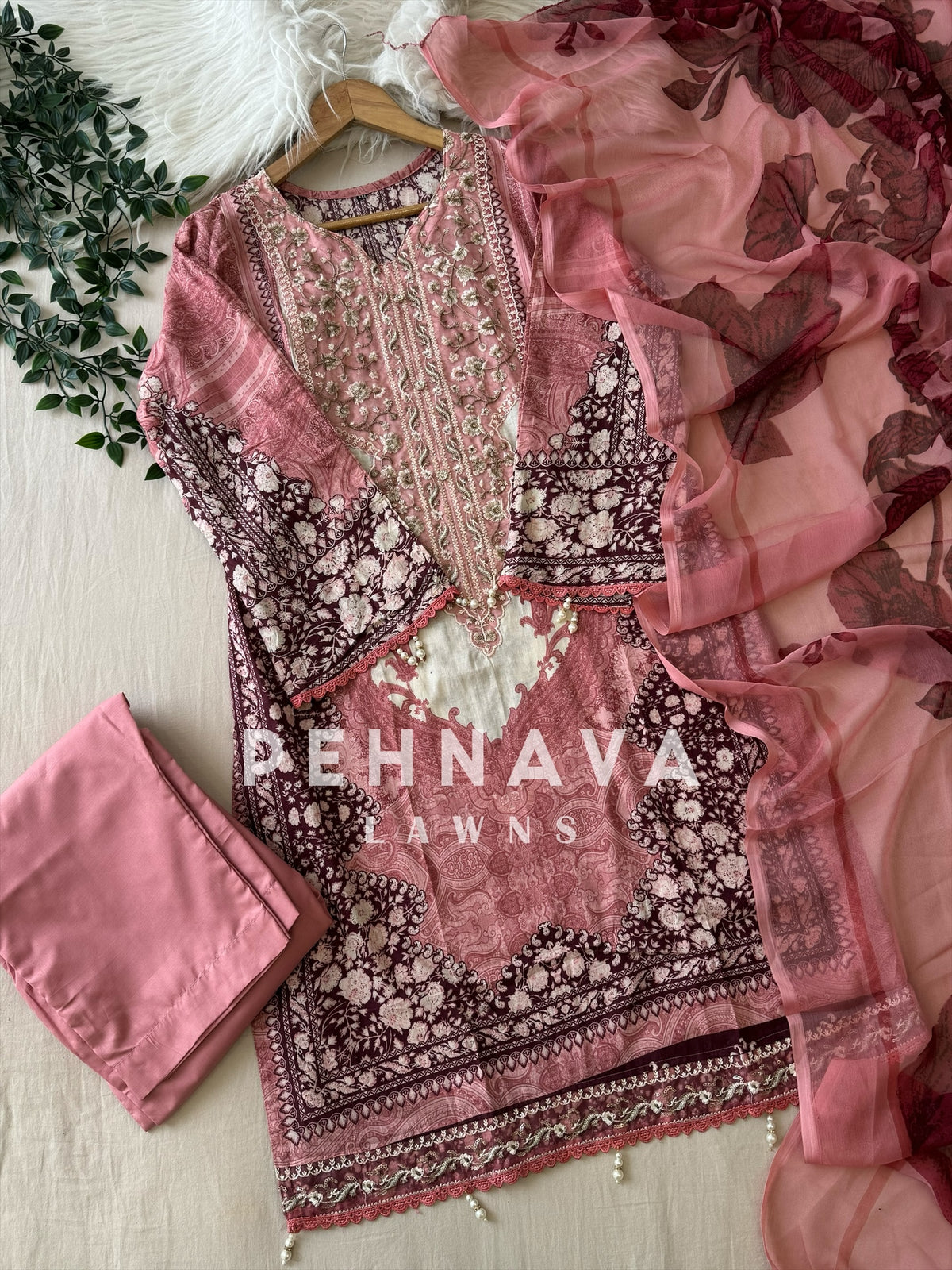 Pink Neckline Embroidered Pak-Suit 1361