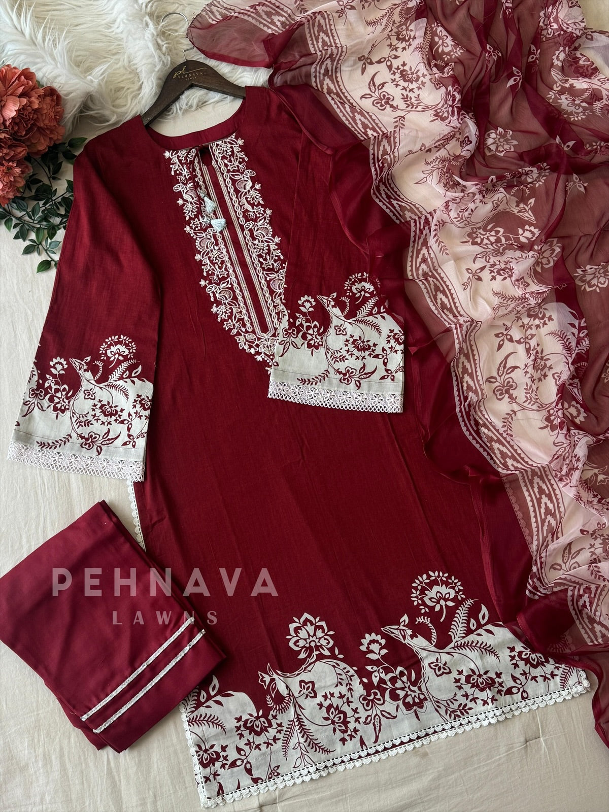 Red Neckline Embroidered Paksuit-1356A