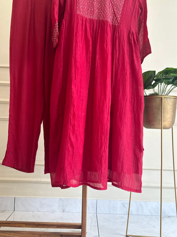 Premium mul chandheri handworked anarkali suit -cherry red 4426