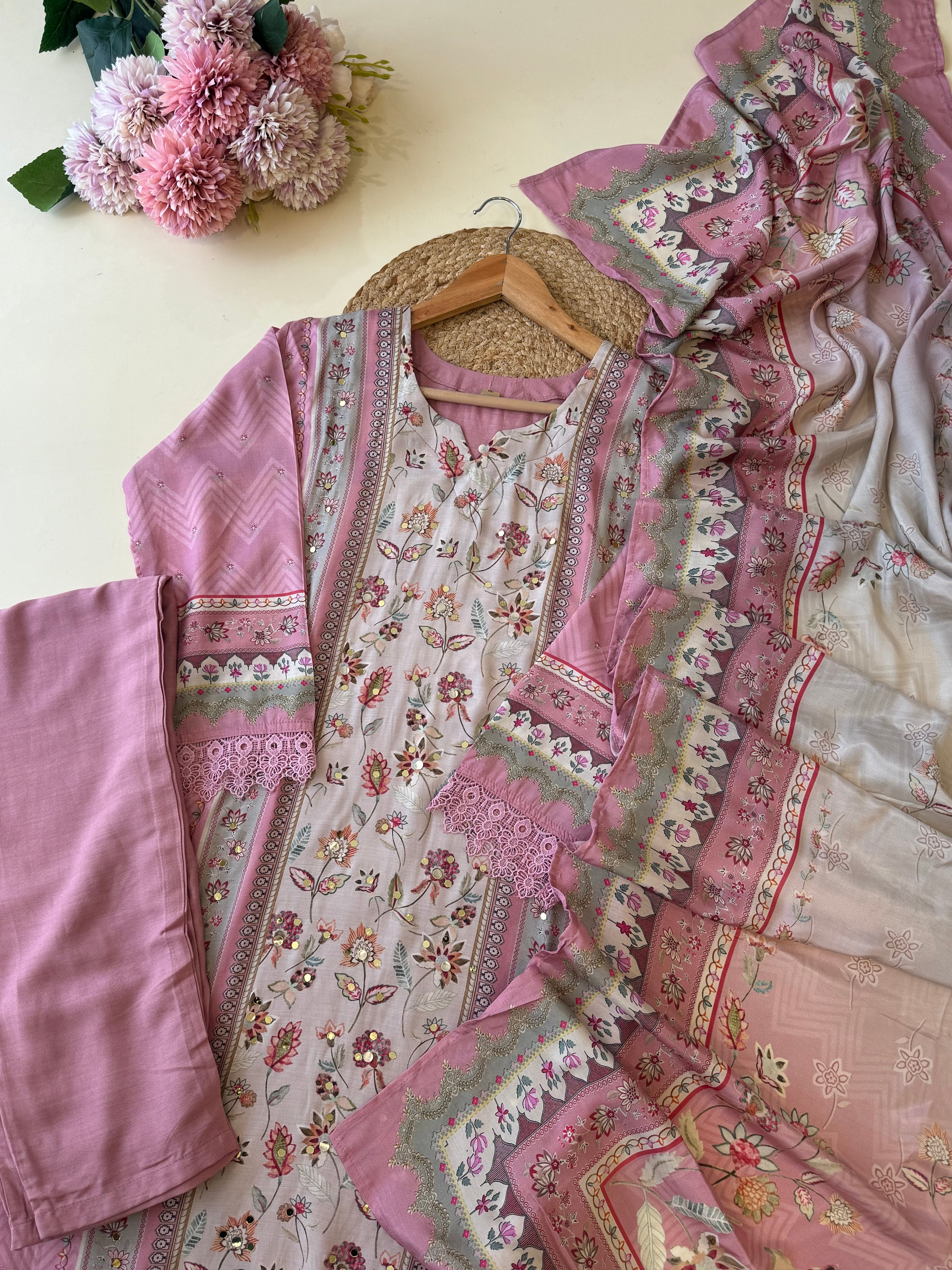 Pure Muslin Suit featuring mirror detailings
