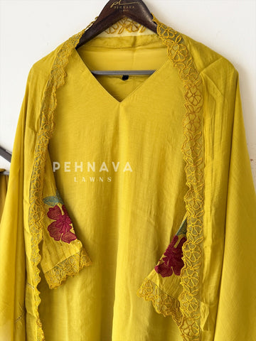 Lace‑Trimmed Embroidery Lawn Suit-16327
