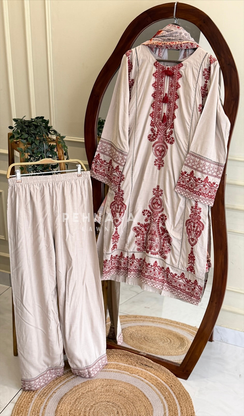 Red Embroidered Three Piece Set