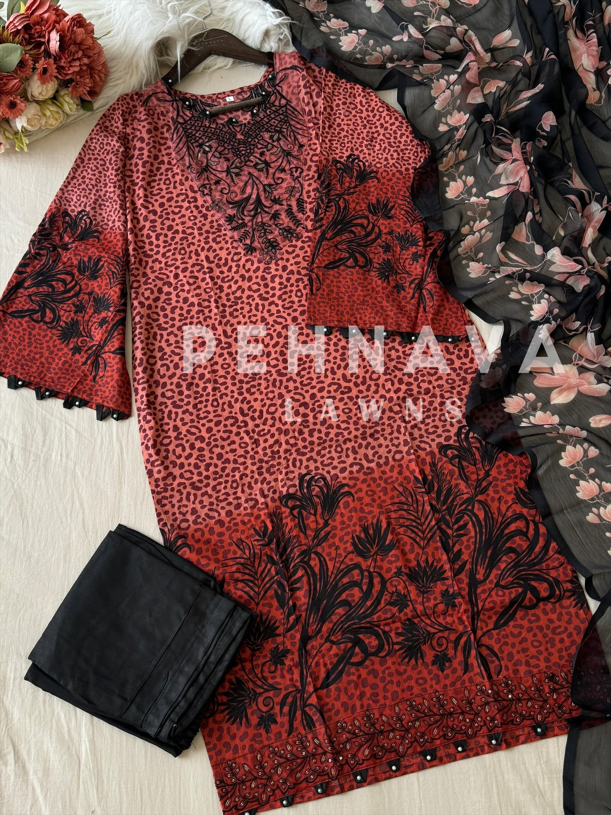 Three-Piece Ethnic Embroidery with Floral Dupatta-1355