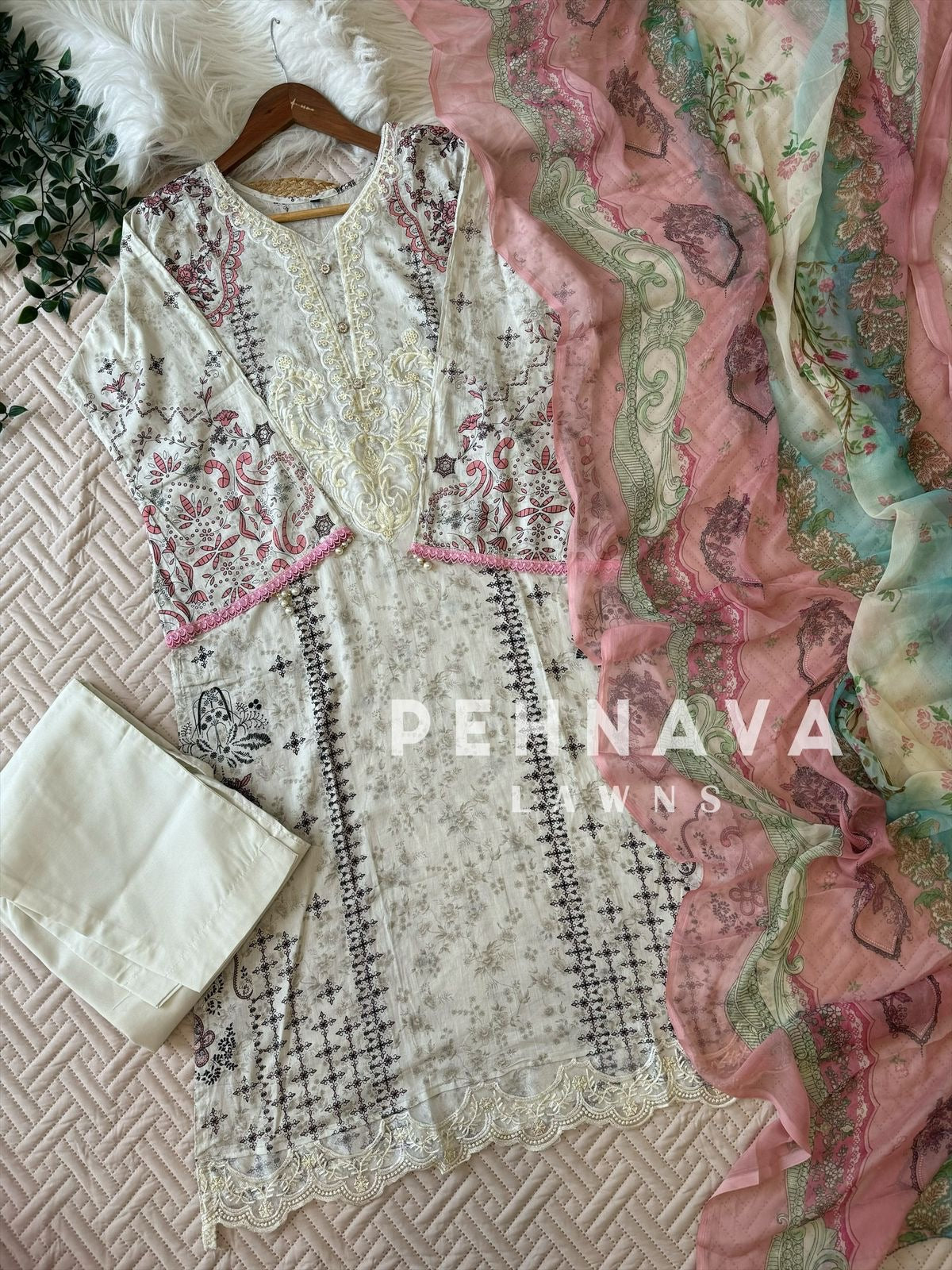 White Suit featuring Embroidery Patches-1296