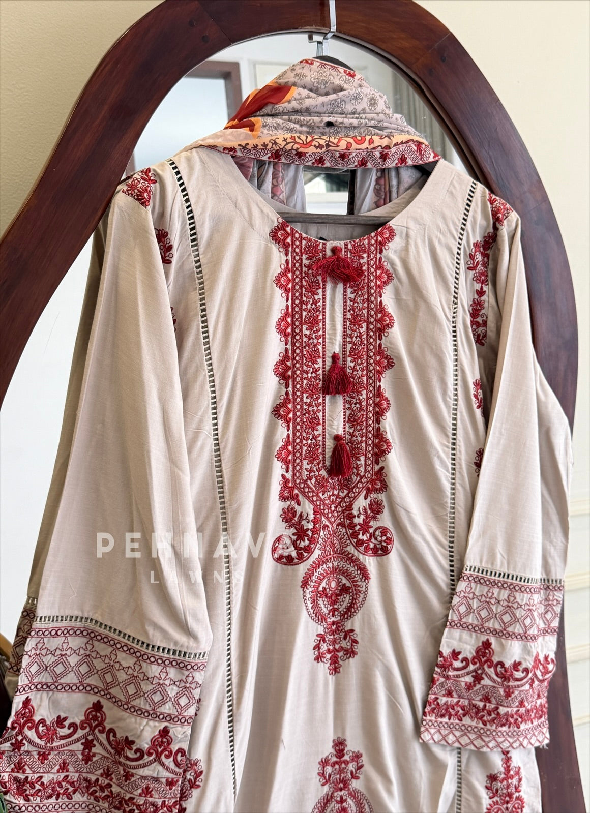 Red Embroidered Three Piece Set