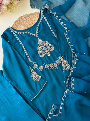 Premium Teal Kurti With Gold Embroidery