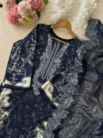 Navy Blue Printed Unstitched Suit 3975