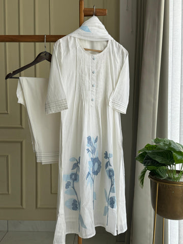 Pure cotton floral embroidered Anarkali suit-White