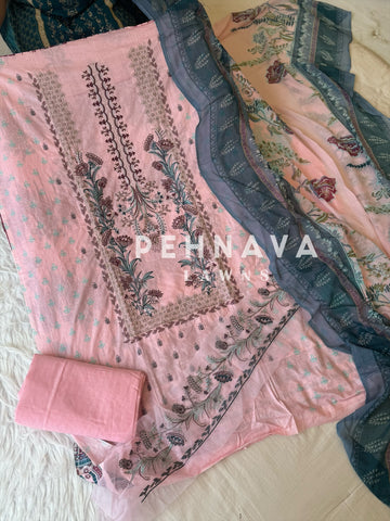 Embroidered cotton suit with chiffon dupatta -blue/pink 3374
