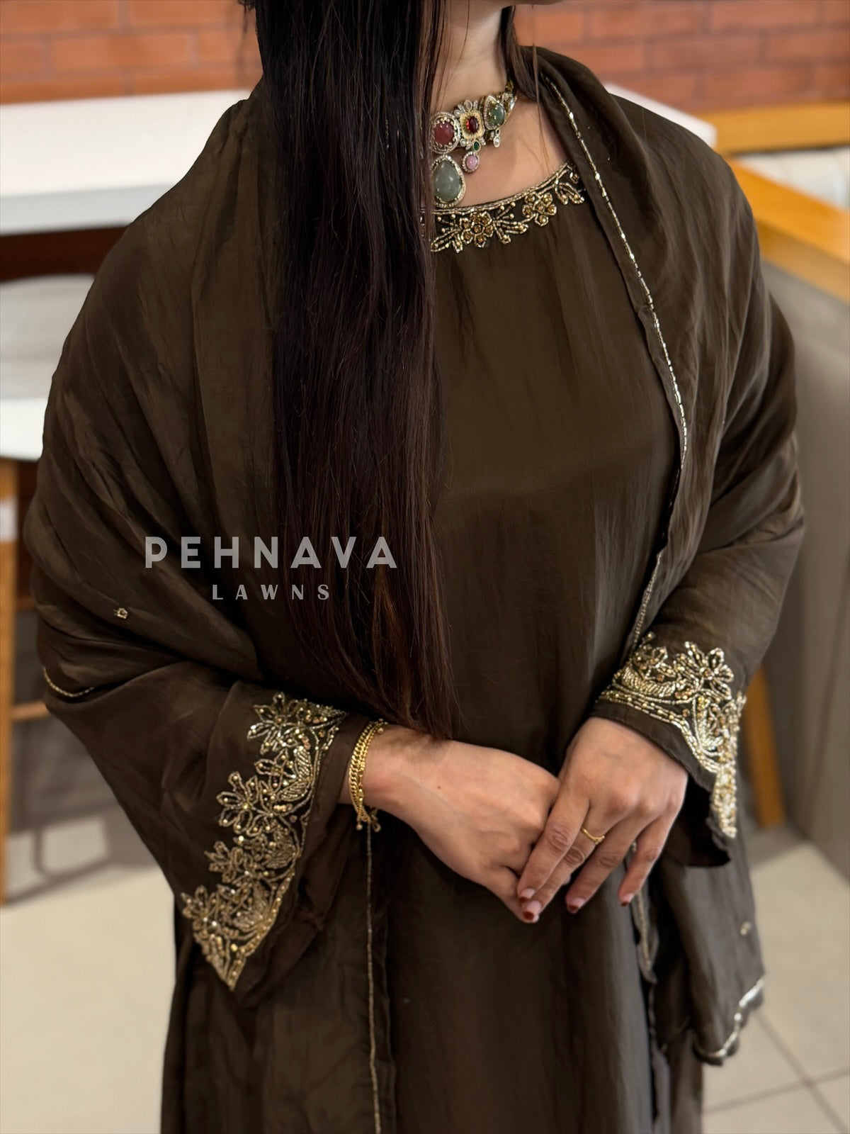Bell sleeve Handworked Ensemble H-367 - Pehnava Lawns