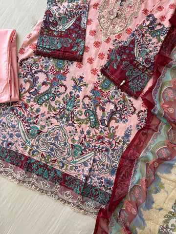 Pastel Pink Cotton casual suit with pure chiffon dupatta 1366