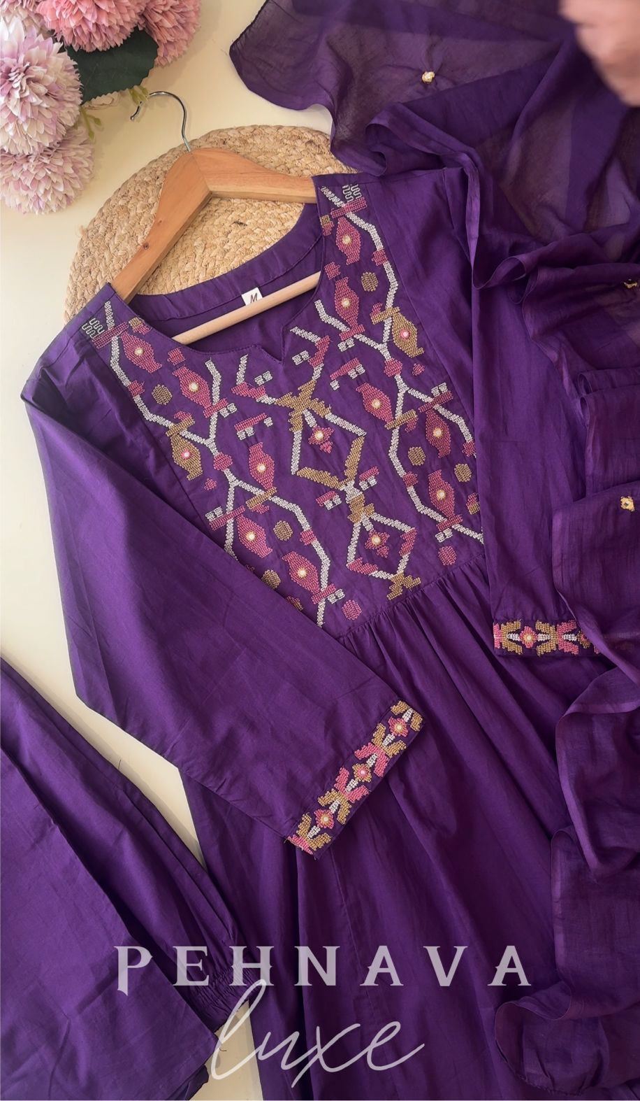 Cotton pleated Anarkali suit with Embroidery detailings
