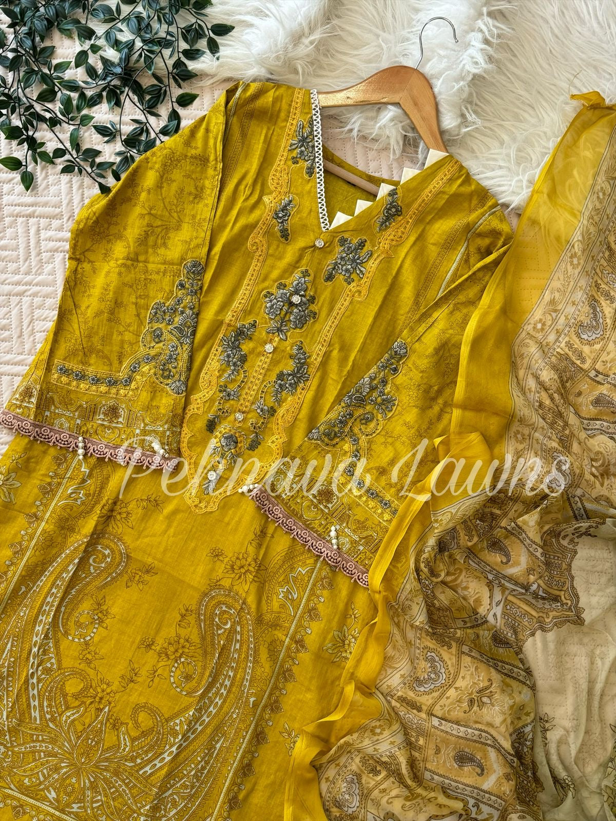 Embroidered casual suit with Chiffon Dupatta-Yellow 1128c