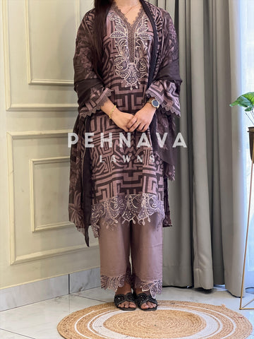 Brown Printed Lawn Suit with Printed Dupatta-Chiffon/Cotton