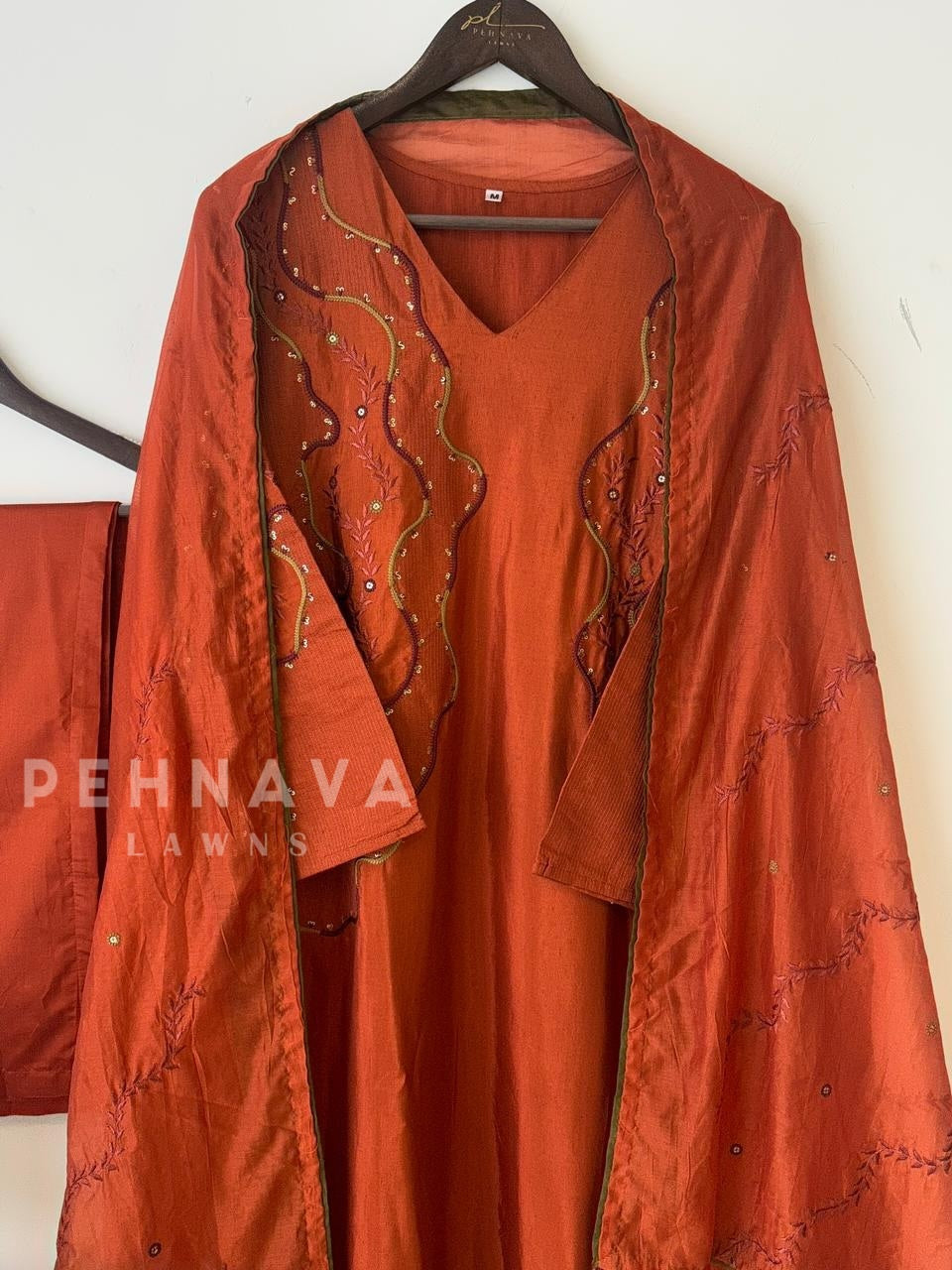 Thread embroidered Silk Suit Set-12799