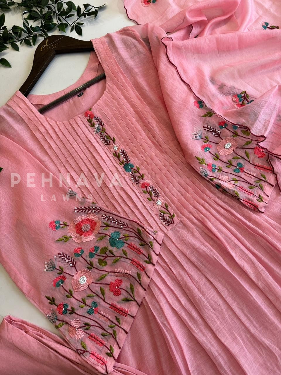 Mul Chanderi Embroidered Suit