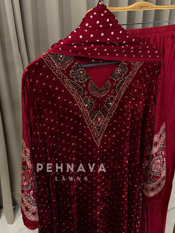 Velvet Printed Three Piece Ensemble-3298
