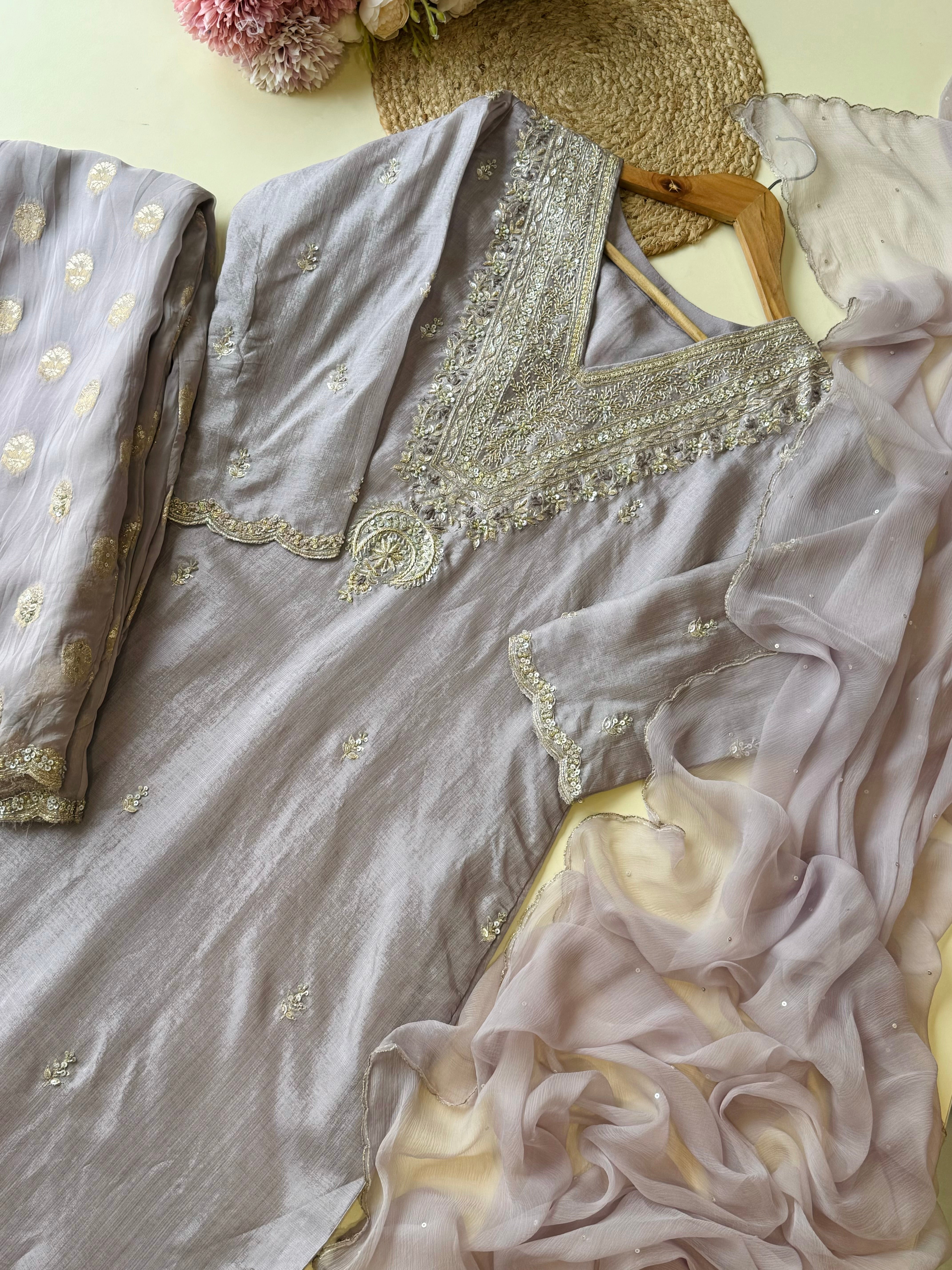 Handworked silk Suit with hand detailed brocade bottoms 9803