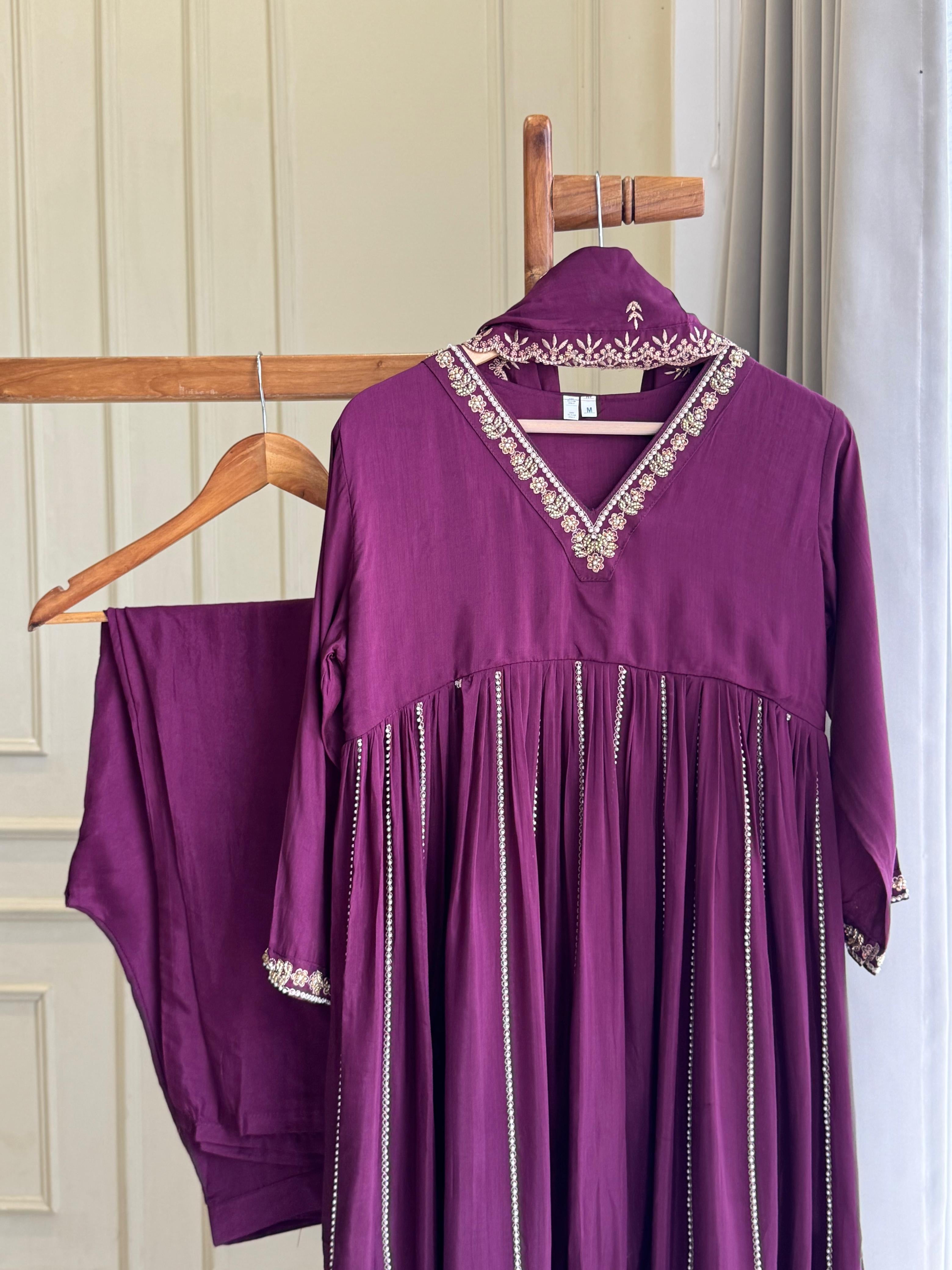 Rayon Anarkali Pleated suit with Pearl detailings