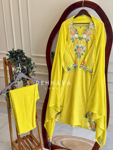 Floral Embroidered Yoke Suit Set
