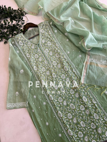Chanderi chikankari suit - Pehnava Lawns