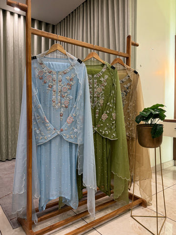 Premium Chiffon handwork suit with bottom and organza  hand  worked dupatta-1180